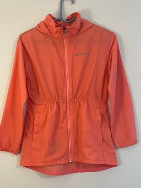 Columbia Girls' Coral-Orange Hooded Rain Jacket